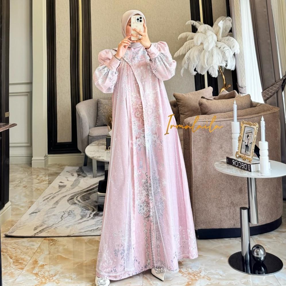 NEW Shima  Dress Gamis Muslim Bahan Zora Twill Printing Mix Tulle Sparkle Nyaman Cantik Mewah Elegan