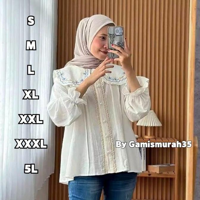 Yonvi.id - Evalina Blouse - LD 92 98 105 110 120 130 140 cm - Atasan Bordir Linen Wanita LINEN CRINK