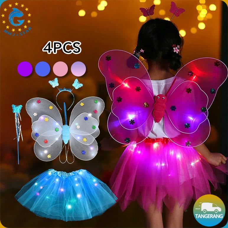 Diskon Paket Lengkap Kostum Karnaval Anak Led Sayap Kupu-Kupu Bercahaya Dengan Tongkat Ajaib Rok Tut