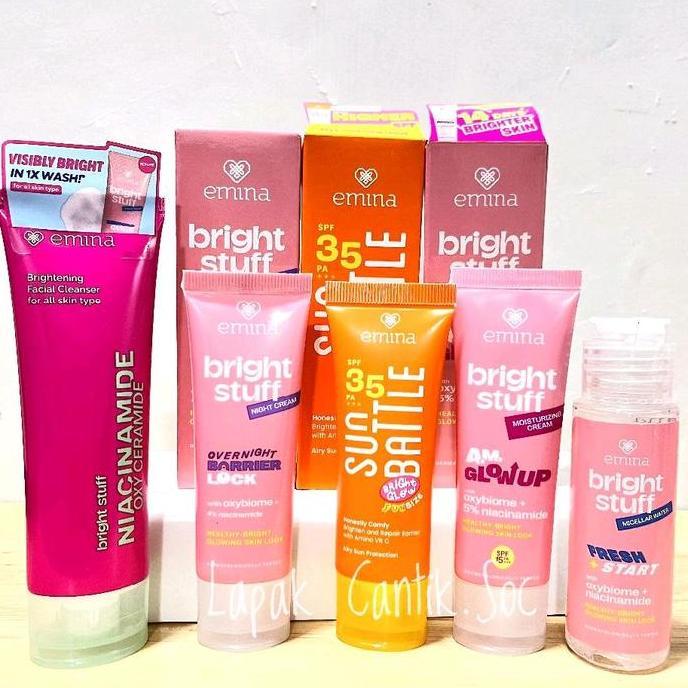gvika99  - emina bright stuff isi 5 (micellar, face wash, krim siang, krim malam,sunscreen)