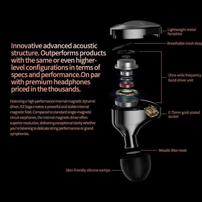Kz Saga High Performance Magnetic Dynamic Driver In Ear Monitor Earphone