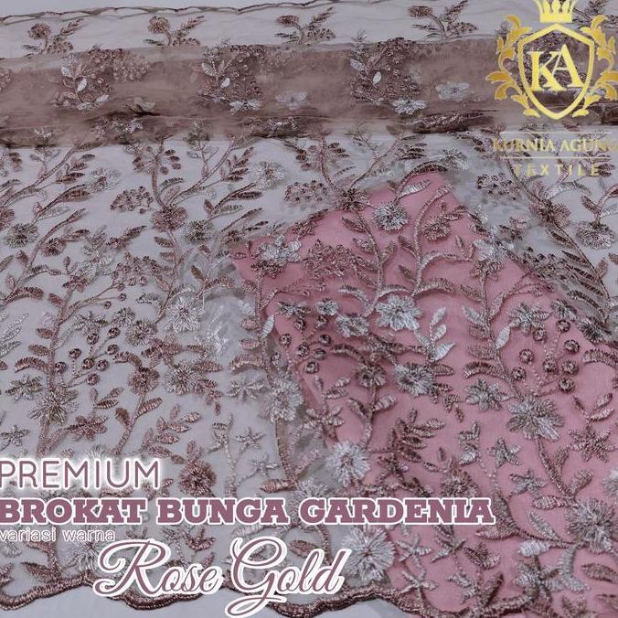 Kain Tile Bordir Brokat Etnik + Satin Warna ROSE GOLD Motif Bunga Gardenia Premium Harga Termurah Gr