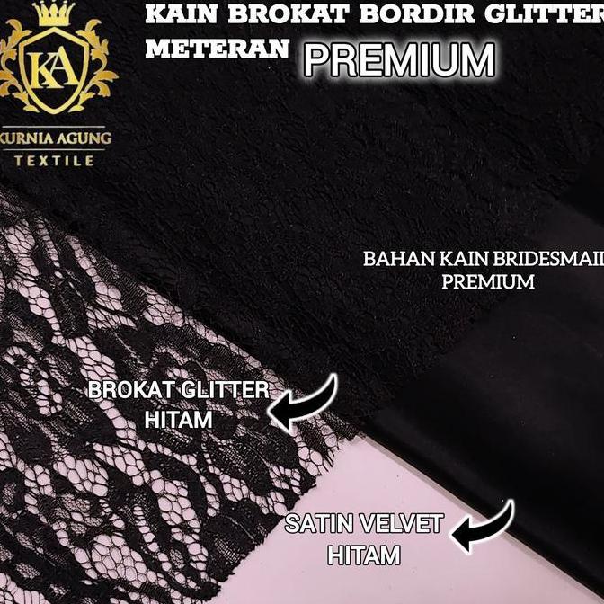 1/2 meter Kain Brokat Tile Prancis Brokat Bordir Lace Glitter warna HITAM / BLACK Motif Bunga Premiu