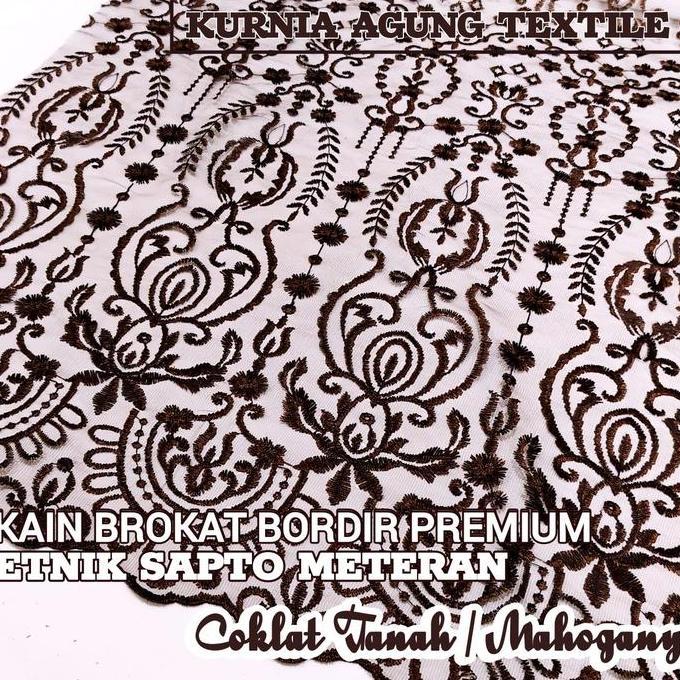 Kain Brokat Bordir Tile Meteran warna COKLAT TANAH / COKLAT MAHOGANY Motif Etnik Sumba Premium