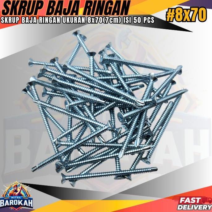 Sekrup Baja Ringan Ukuran 7cm #8X70 1Bungkus isi  50PCS Skrup Baja Ringan Baut Skrup baja Super taja