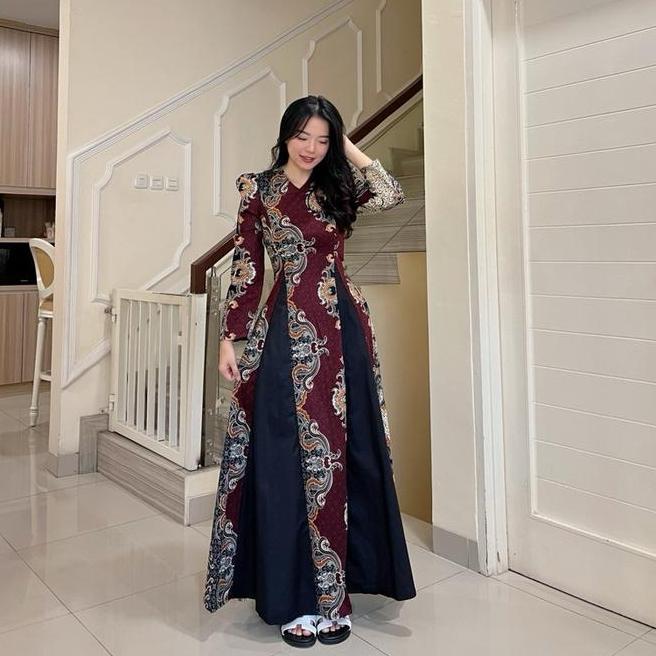 Herfit Letizia Dress Batik Maxi Kombinasi Katun Strecth Dress Batik Panjang