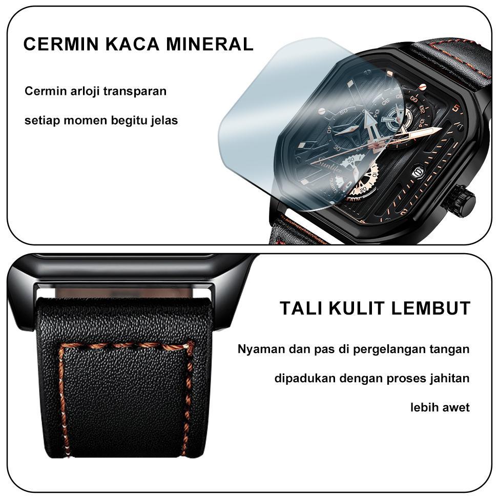 STOK TIPIS Sunlifex Jam Tangan Pria 9095 Kuarsa Olahraga Kasual Tali Kulit Pria Jam Tangan Cowok