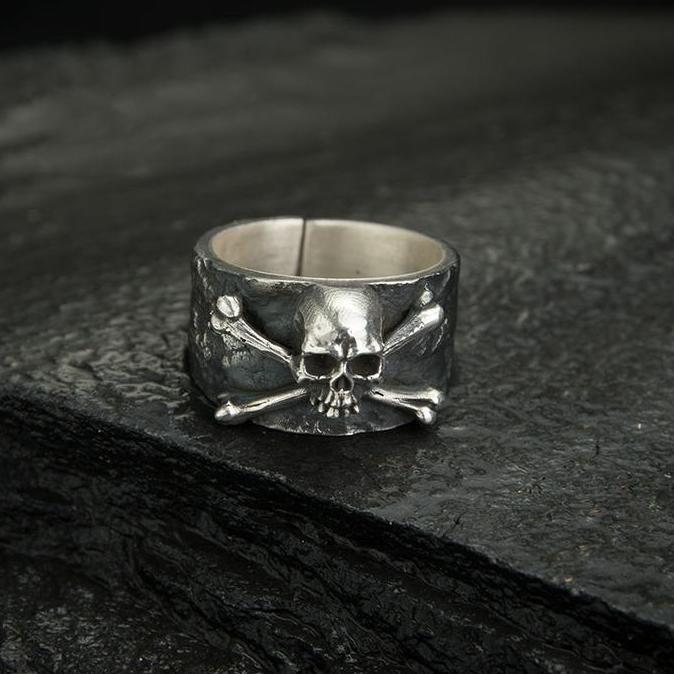 Youboy- Cincin Tengkorak X Vintage Silver S925 Perak Sterling Ukuran Adjustable / Cincin Pria Retro 