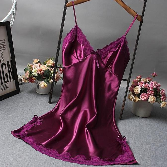 Ninabobo BT004 Lingerie Dress Satin Mini Deep V Silk Baju Tidur Wanita Mini Daster Renda