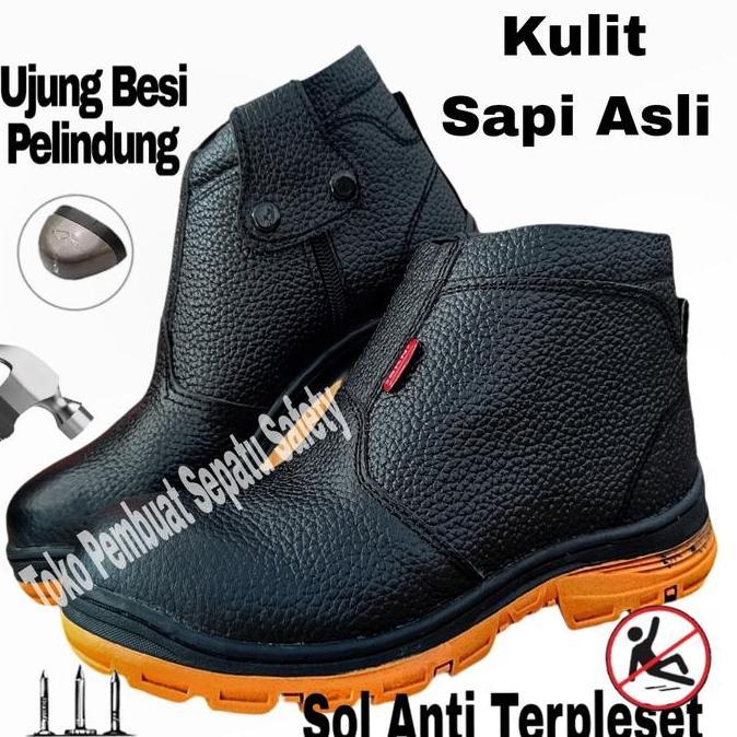 Sepatu safety risleting Kulit Sapi Asli Tahan Bakar Ujung Besi Keselamatan Kerja Pabrik Pom Bengkel 