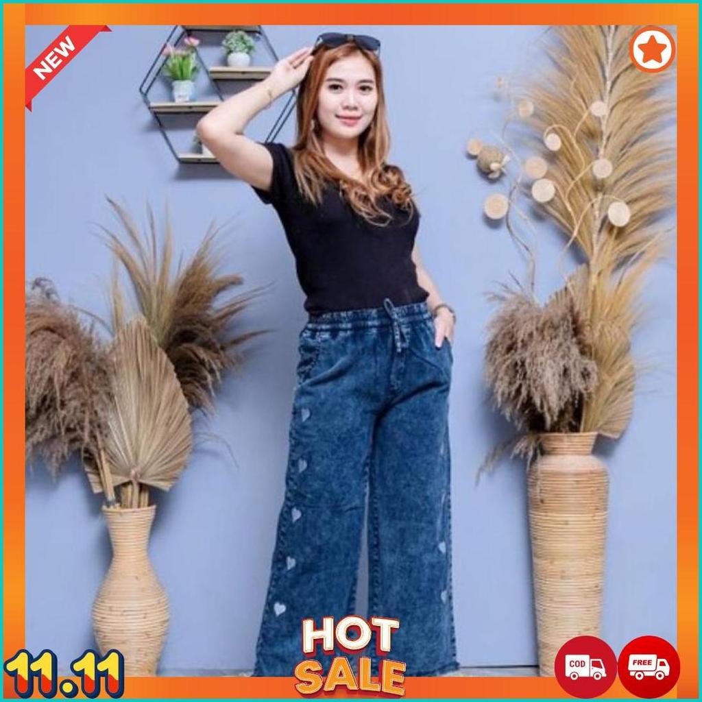 Kulot Jeans High Waist Wanita Bf Jeans Motif Love Gaya Korea [G2]