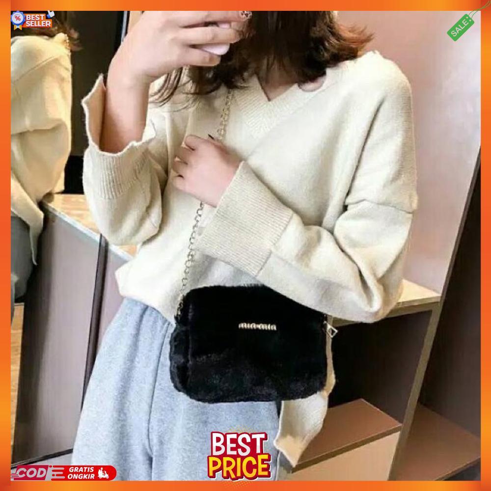 Tas Selempang Bahu Tali Rantai Resleting Michele Tasdoctor Bahan Bulu Bludru Plush Fluffy Fur Sling 