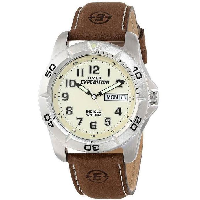 Timex T46681 Men Expedition Brown Leather Watch Indiglo Day Date
