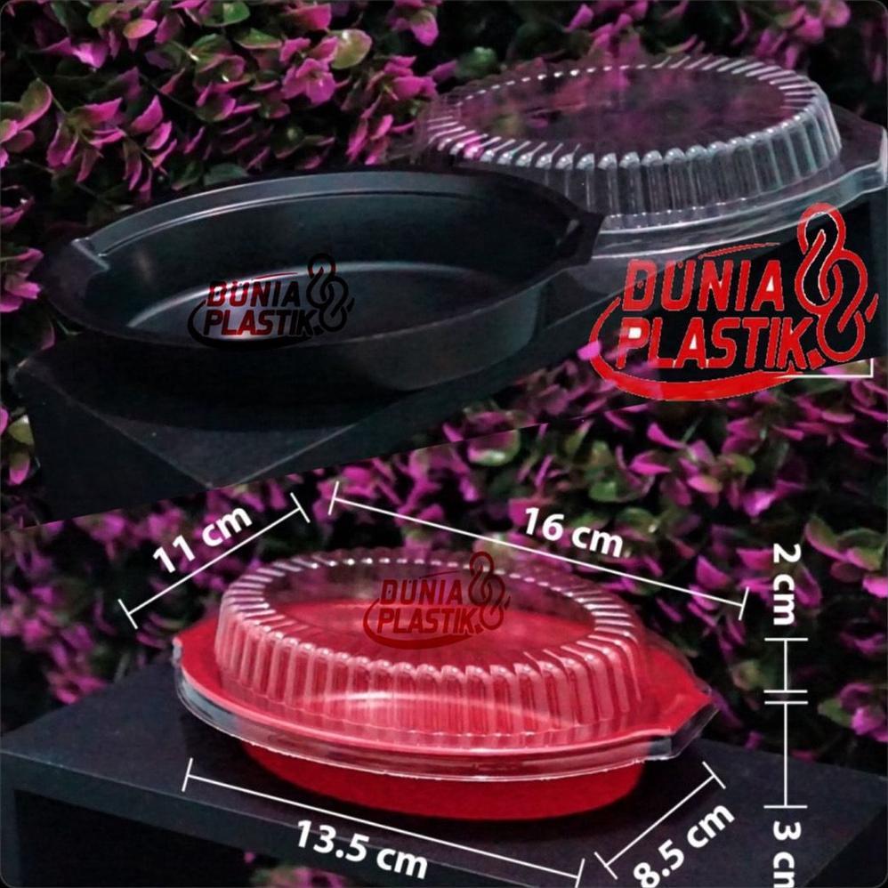 Isi 50Pcs Tray Spaghetti Mika Oval Box Makanan Warna Hitam & Merah + Tutup