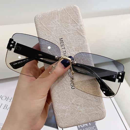 New Kacamata Hitam Fashion Wanita Lensa Persegi Anti Uv400 Frameless Lensa Coklat Gradasi