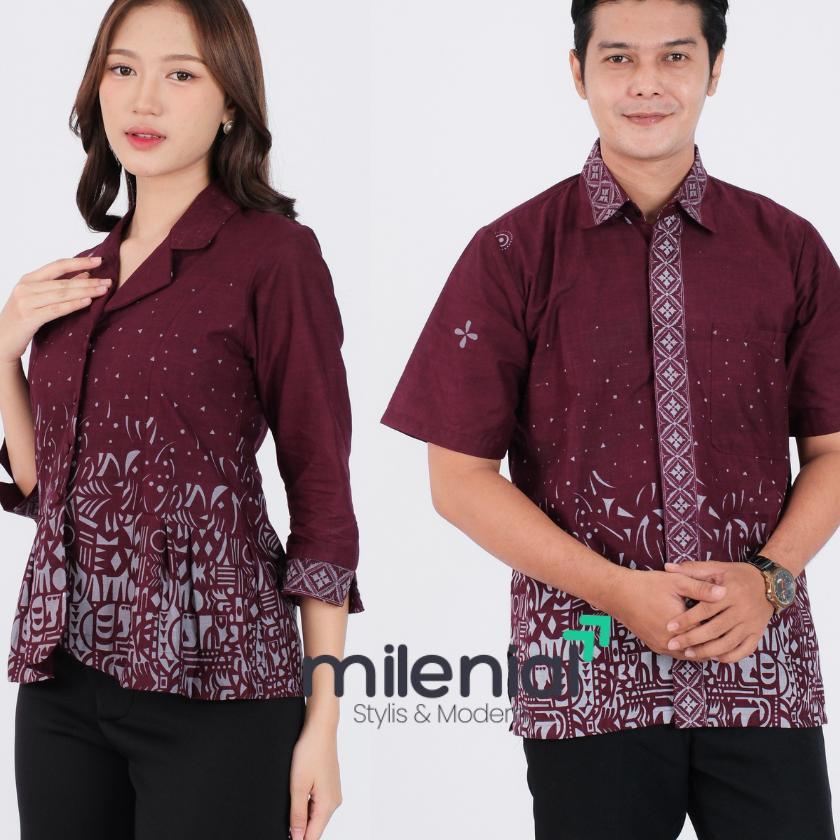 Milenial Batik Couple Atasan Batik Wanita Batik Pria Kemeja Blouse Kol Ungu