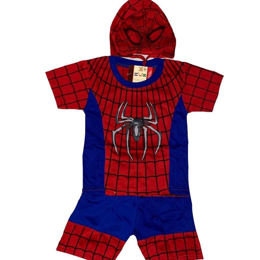 Kostum Stelan Pendek Anak Spidermen Topeng Kain Baju Pesta Anak Laki-Laki