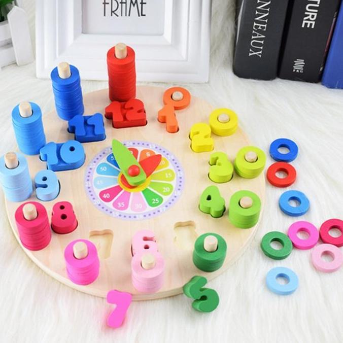 Mainan Edukasi Montessori wooden Toys Puzzle Rainbow Clock