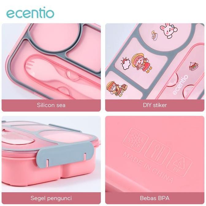 Posizioni- Ecentio 4Grid Kotak Makan Siang Dengan Botol Air Lunch Box Set 1100Ml