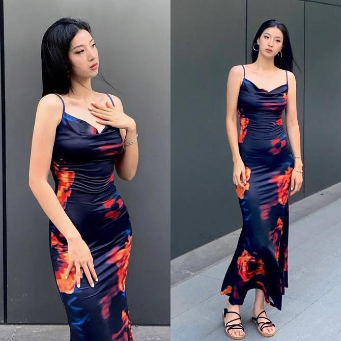 TERPOPULER 5805midi dress vintage korea terbaru 2024 chiffon floral dress tanpa lengan big size cant