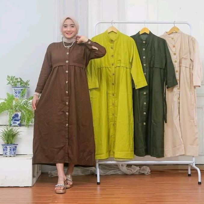 PREMIUM MIDI DRESS ZAKIA LINEN RAMI KANCING LD 100-130 CM Gamis Muslim PREMIUM