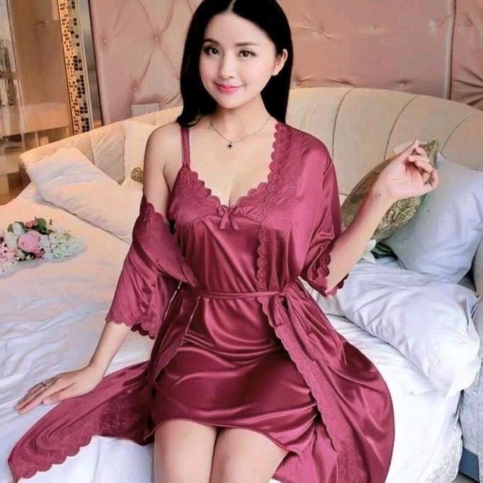 Baju Tidur Kimono Lingerie Sexy 2In1, Tricot Satin Import Wanita