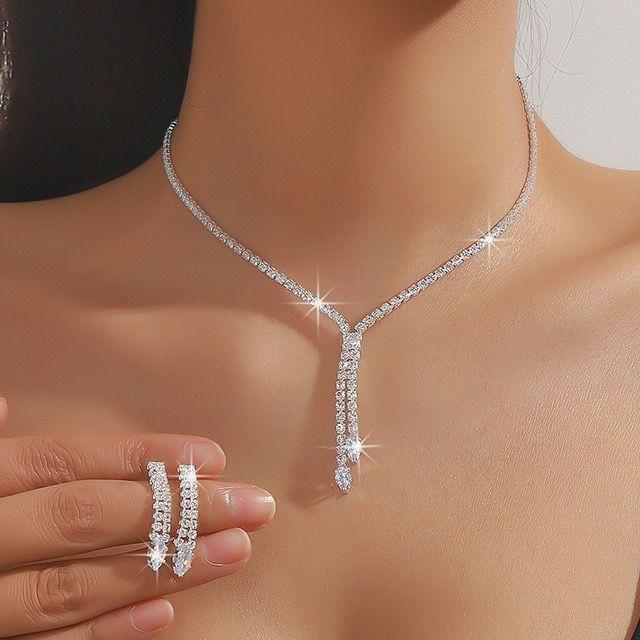 Set Kalung Anting Berlian Kalung Pesta Mewah Model Garis Berlian