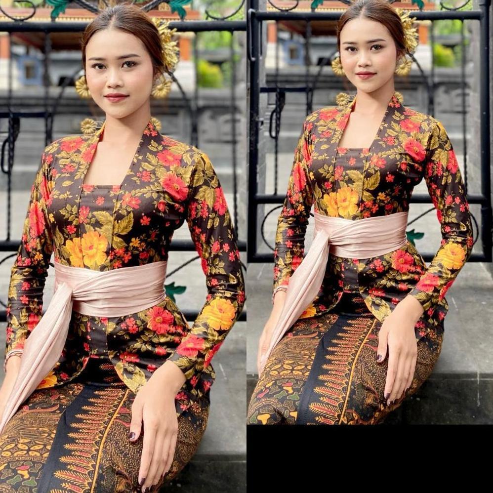 Promo  Kebaya Kaos Bunga Bahan Strait Baju Kebaya Kutubaru Motif Floral Kembang Tangan Panjang Jadul