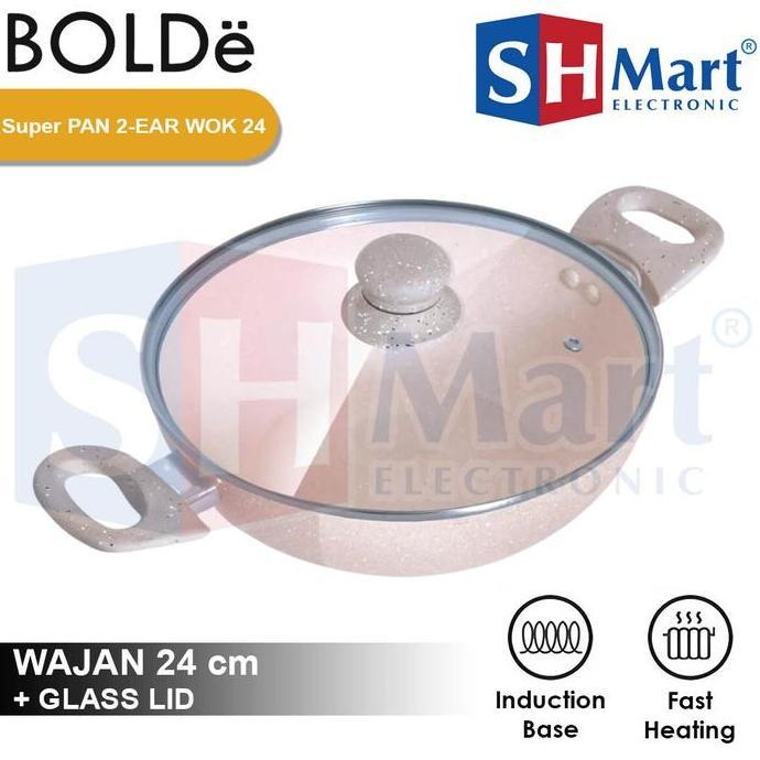 BOLDE BEIGE 2 EAR WOK 24 CM + GLASS LID - WOK PAN GAGANG + TUTUP KACA