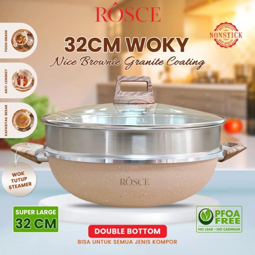 HOT DEALS ROSCE Wok Pan 32Cm Steamer Wajan set kukusan stainless jumbo Panci granit marble tutup kac