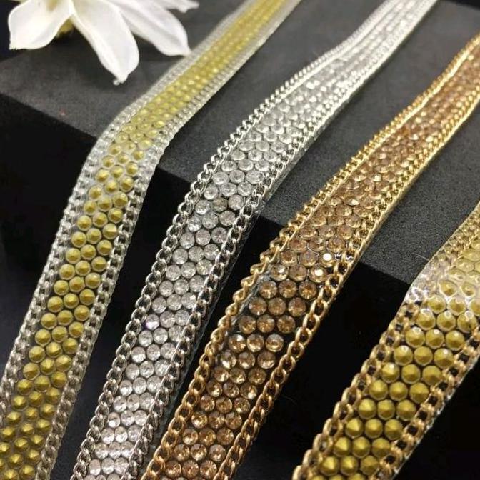 Renda Permata Golden Iron Chain Drill Glue Dress Lace 1 Yard 10mm & 15mm Premium Quality Mewah Elega