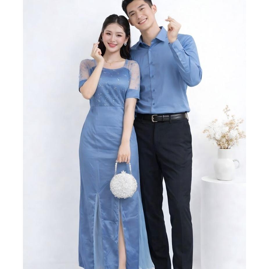 Couple Outfit Kondangan Warna Denim | Dress Brokat Elegan Biru Denim + Kemeja Pria Kasual Zh