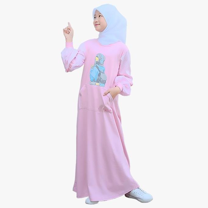Okeajalah- Shibakids Zhafira Series Gamis Anak Perempuan Bahan Kaos Katun Jepang Motif Syari Size S-