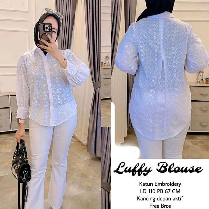 BLOUSE BORDIR PUTIH. BLUS BAHAN KATUN BORDIR. ATASAN WANITA MODEL KASUAL. LD 108 PB 65 CM. BAJU KASU