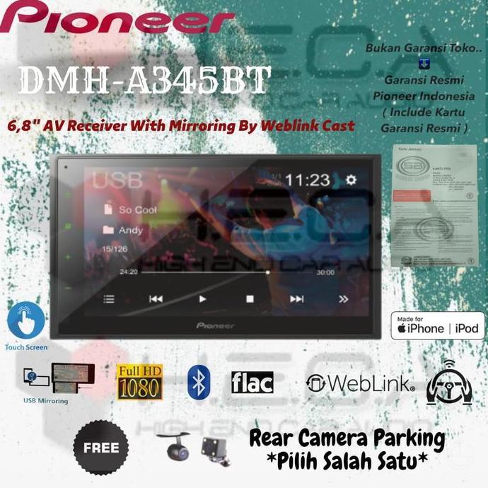 Pioneer DMH-A345BT Bluetooth Head Unit Double Din Tape Mobil + Camera