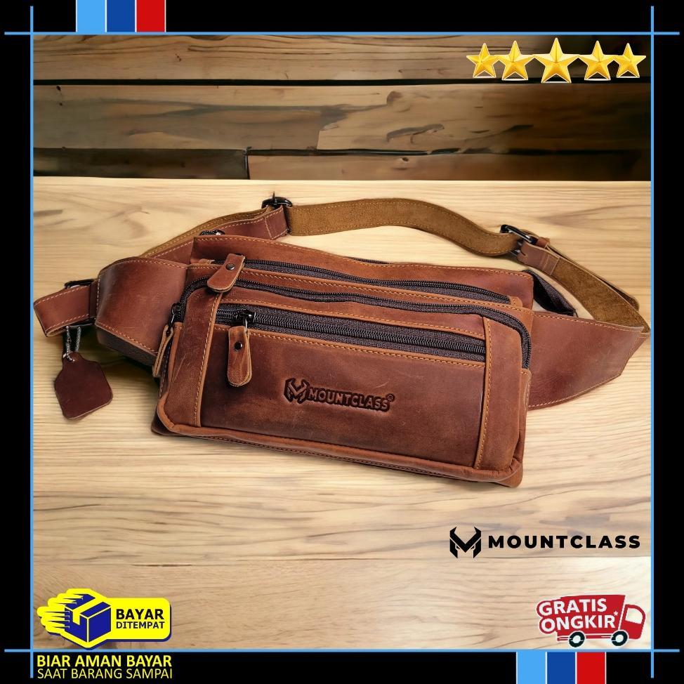 (Mountclass) Tas Selempang Waistbag Pinggang Kulit Asli Pria Cowok Sling bag Waist Bag Pinggang Mult