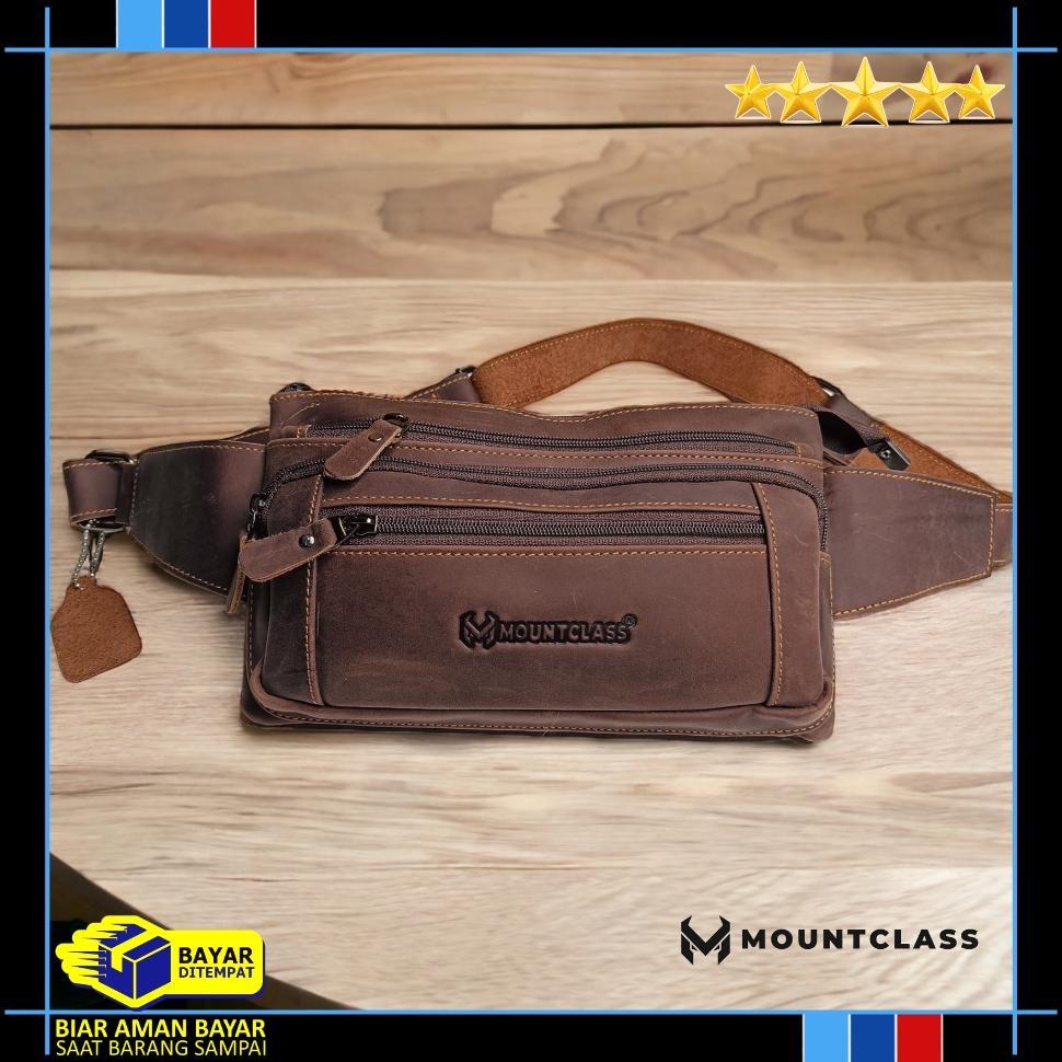(Mountclass) Tas Pinggang Waistbag Selempamg Kulit Asli Pria Cowok Tas Slempang Slingbag Waist Bag W