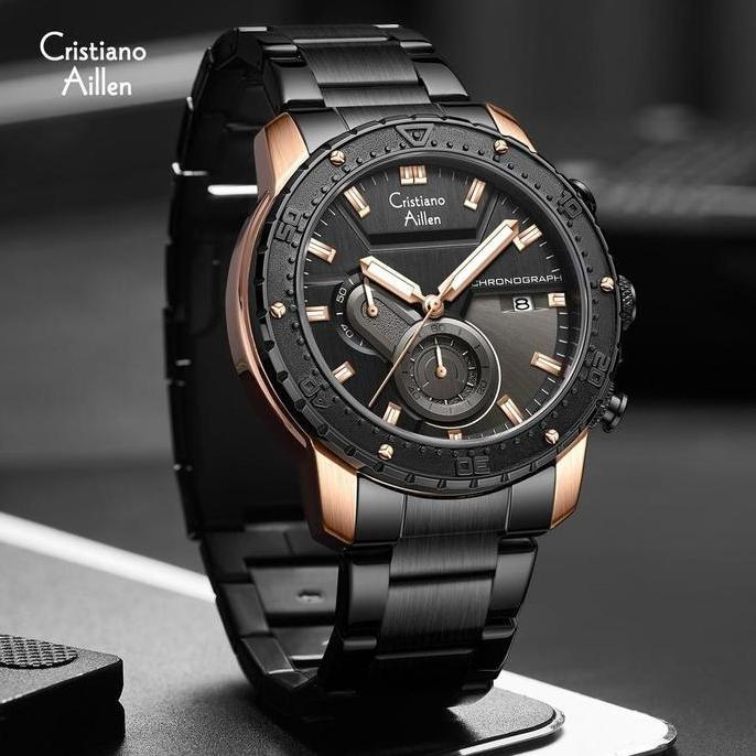 Boshi- Cristiano Aillen Jam Tangan Pria Analog 8900 Rantai Stainless Steel Chronograph Kaca Sapphire