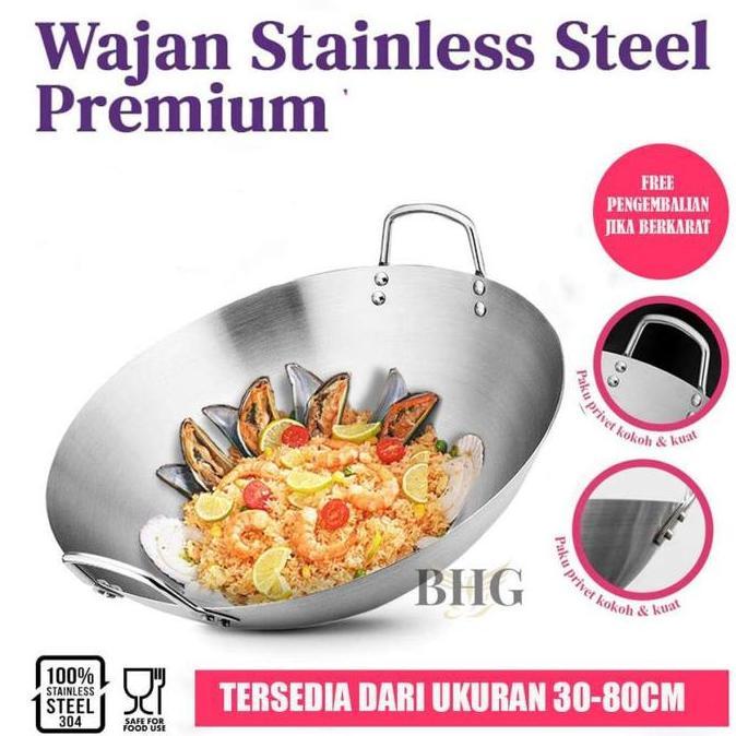 Wajan03Wajan Penggorengan Tebal Baja Tahan Karat Food Grade/Wajan Anti Lengket/Panci Besar Baja Taha
