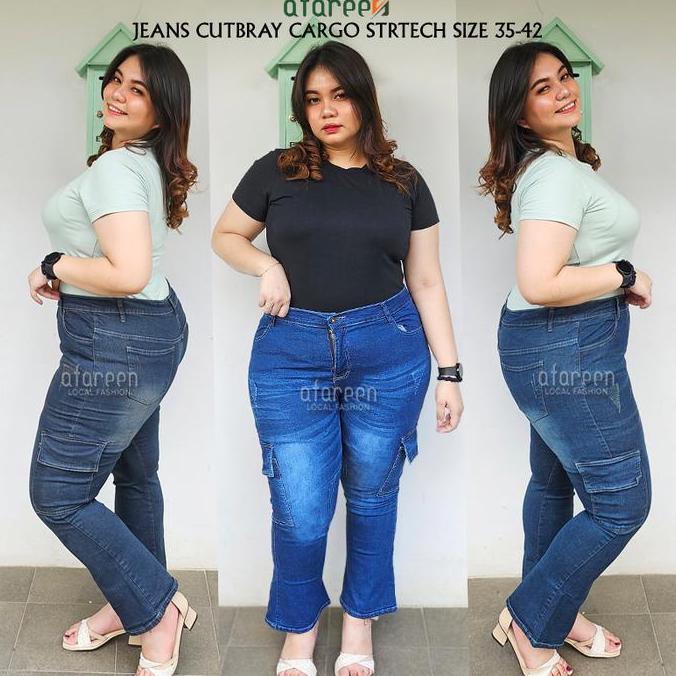 Afareen - Jeans Cutbray Cargo Wanita Jeans Cargo Cutbray Celana Jeans Panjang Cutbray Wanita Jumbo S