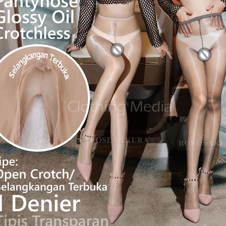 Pantyhose Crotchless 1D Tipis Selangkangan Terbuka Ultra Thin Stocking Glossy Oil