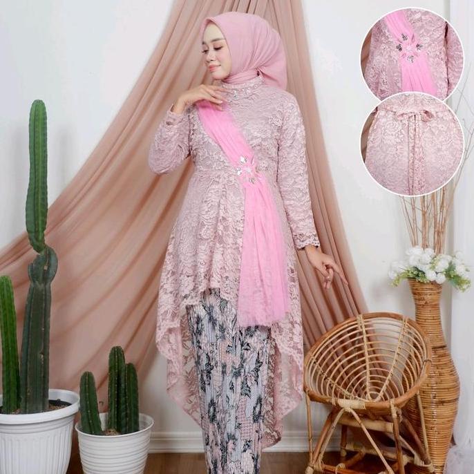 setelan kebaya brukat lesti modern / kebaya brukat lengan panjang / kebaya selendang warna hitam sag