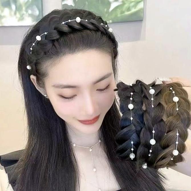 CRAINI Bando Kepang Mutiara | Bando Kepang Rambut Model Kepang Hias Mutiara Gaya Korea Kekinian Kepa