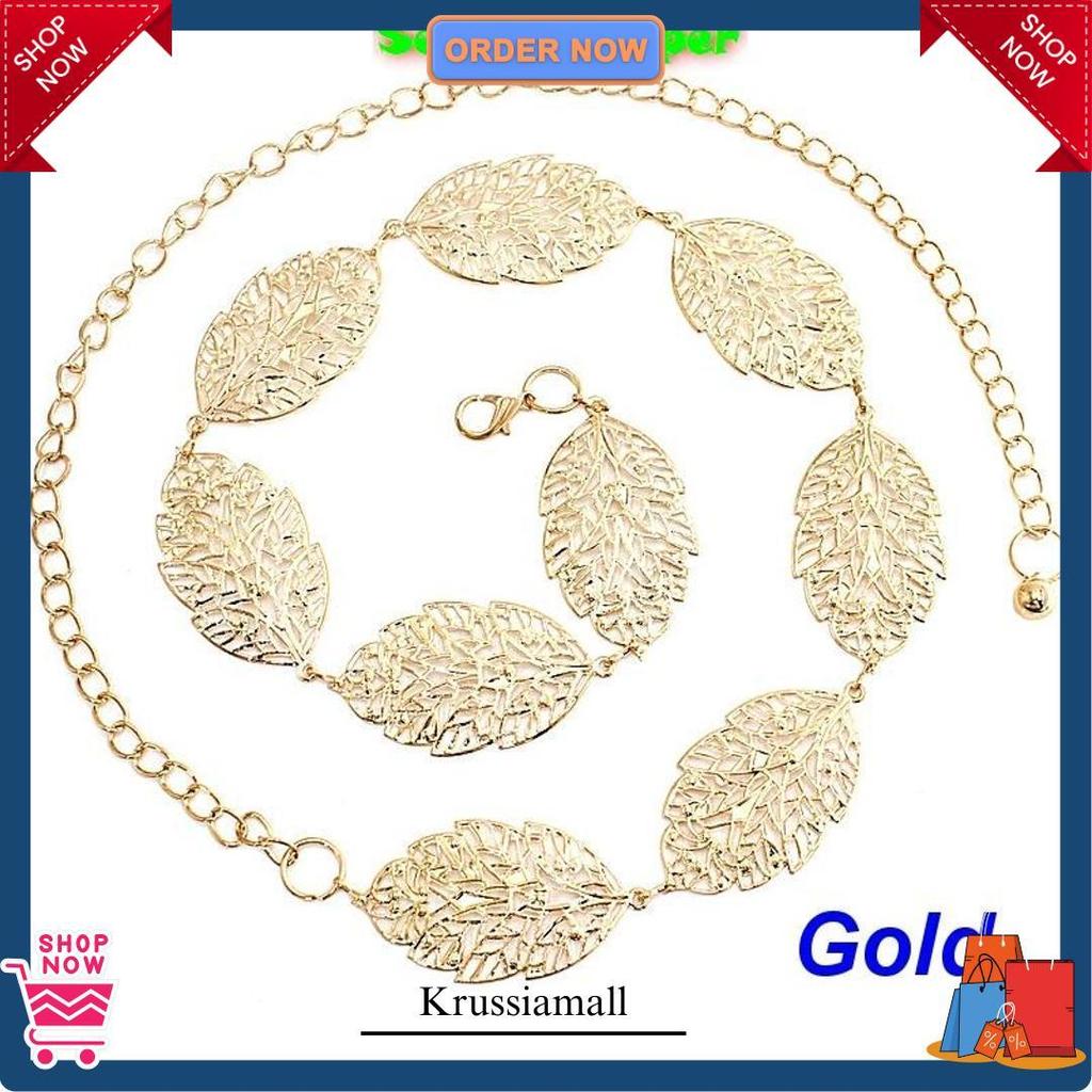 Sabuk Belt Daun Gesper Rantai Wanita Ikat Pinggang Rante Fashion Korea Cewek Obi Gold Aksesoris Mode