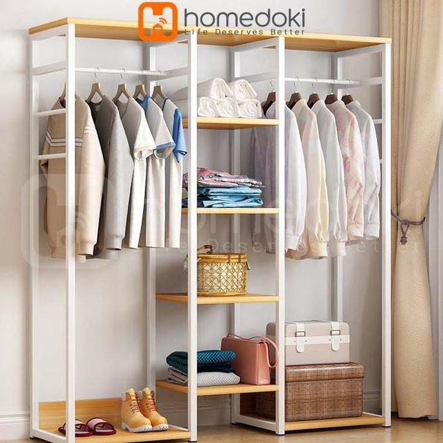 Homedoki Rak Baju Gantung Stand Hanger Rak Baju Rak Pakaian Rak Gantung Baju Kayu Besi