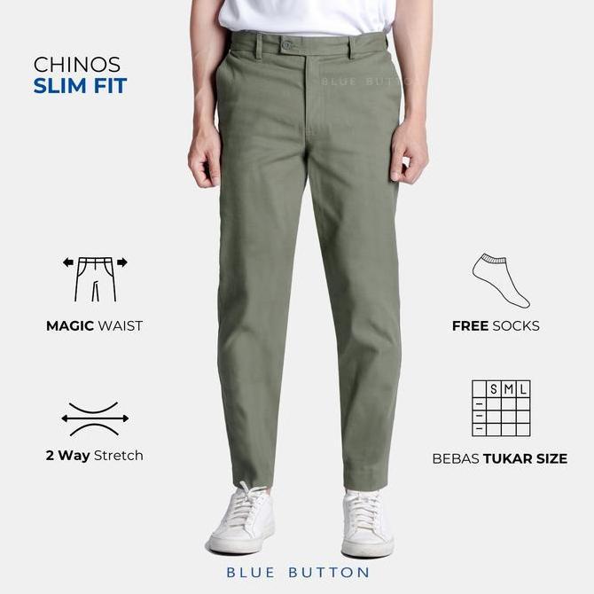 Calca- Bluebutton Celana Chino Ankle Pants Slim Fit Celana Panjang Pria Sage