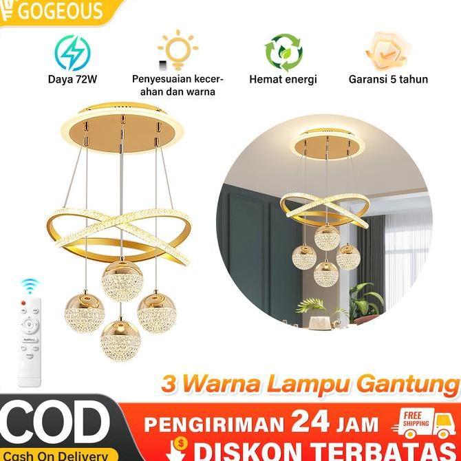 Promo Gogeous Lampu Gantung Kristal Minimalis 3Warna 72W Kontrol Dapat Disesuaikan Lampu Kamar Aesth