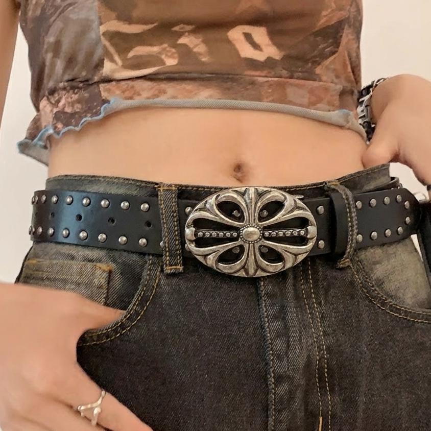 Ikat Pinggang Pria Wanita Kulit Pu Paku Keling Gesper Metal Hitam Fashion Korea Serbaguna Untuk Jean