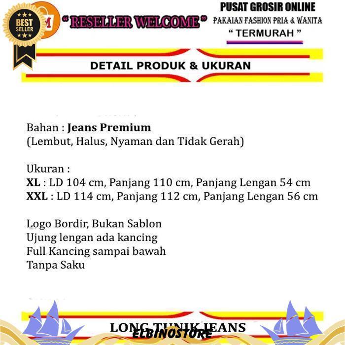 Long Tunic Jeans & Denim Baju Tunik Lengan Panjang Wanita Full Kancing Motif Lucu Logo Bordir Big Si