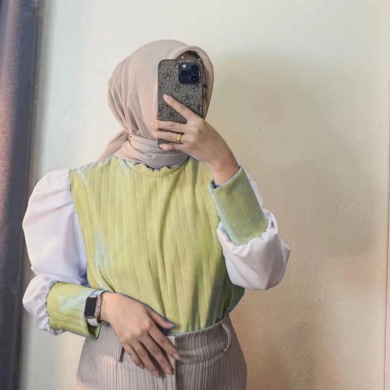 DISKON BESAR rasha puffy top / atasan wanita hornet / blouse knit puff mix satin / blouse lengan bal